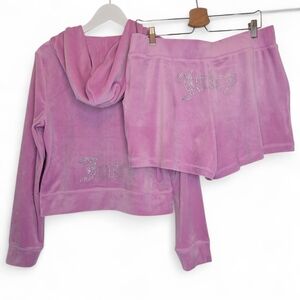 JUICY COUTURE Velour Bling Set Large‎ Hoodie Shorts Lavender Pink Y2K Old Money
